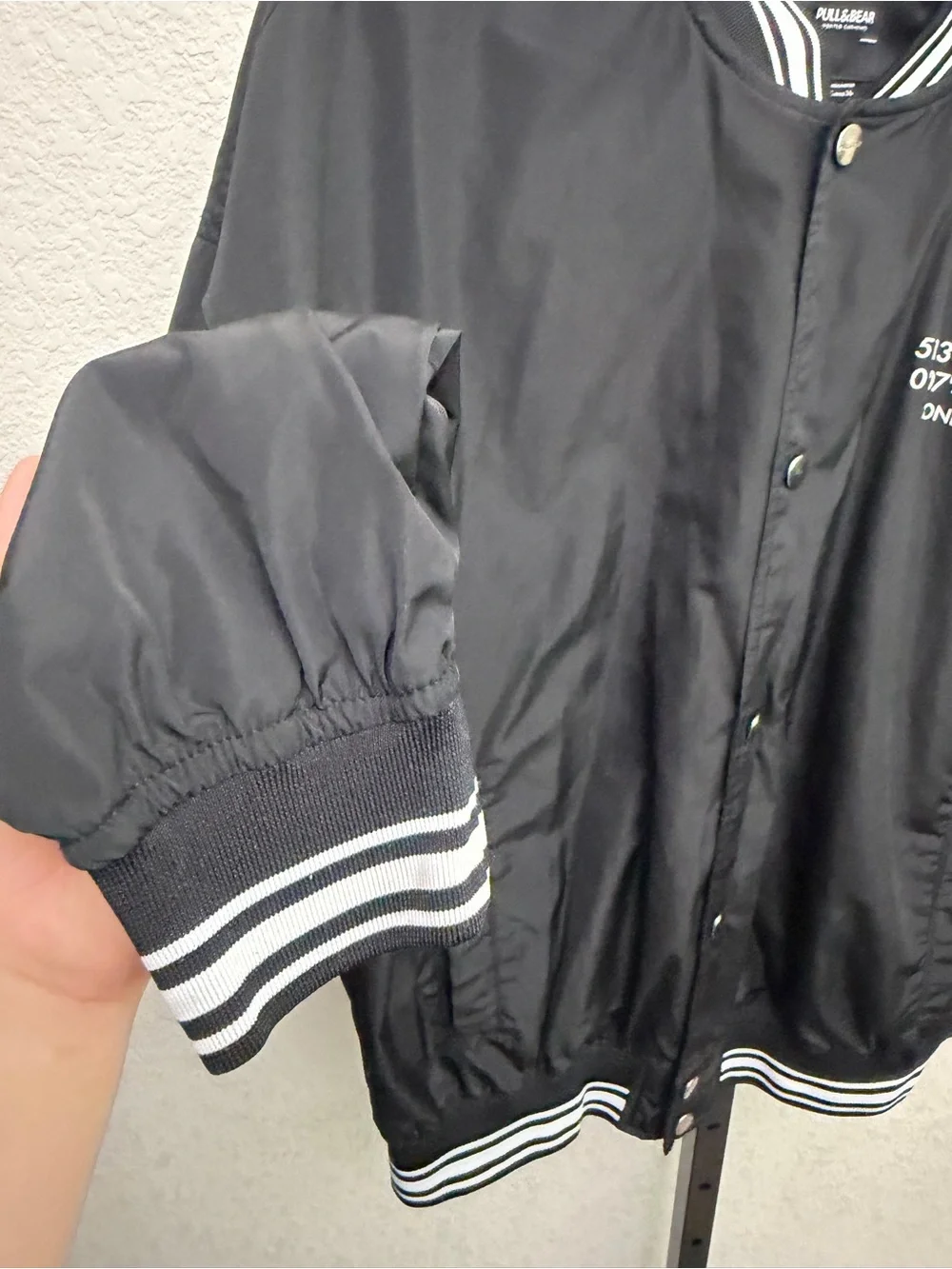 Pull&Bear Men’s Black Bomber Jacket with White Striped Trim
